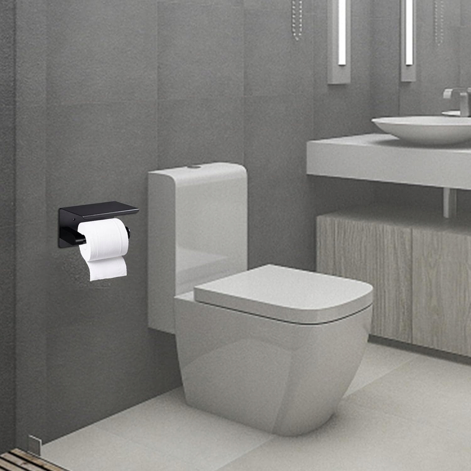 Uchwyt Na Papier Toaletowy Z Półką Na Telefon Samoprzylepny Czarny Metalowy