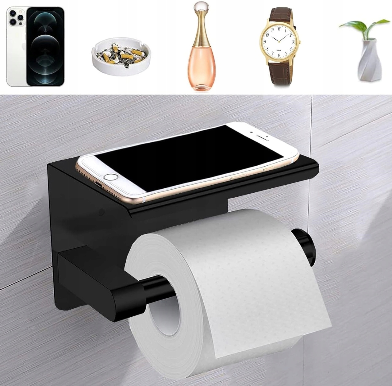 Uchwyt Na Papier Toaletowy Z Półką Na Telefon Samoprzylepny Czarny Metalowy