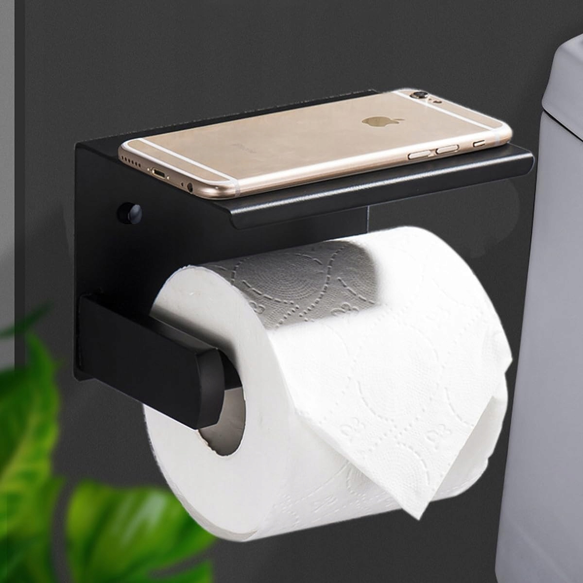 Uchwyt Na Papier Toaletowy Z Półką Na Telefon Samoprzylepny Czarny Metalowy