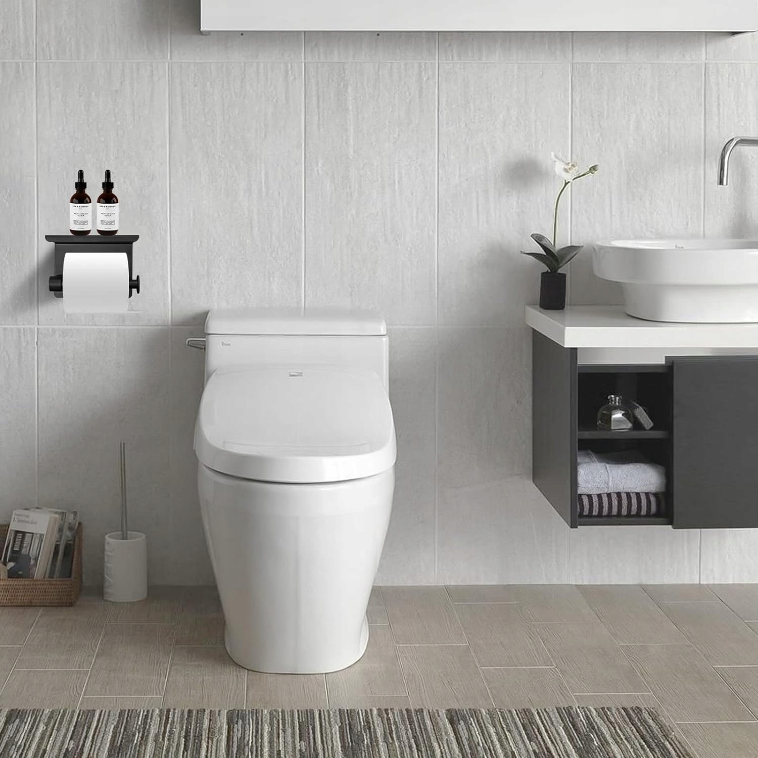 Uchwyt Na Papier Toaletowy Z Półką Na Telefon Samoprzylepny Czarny Metalowy