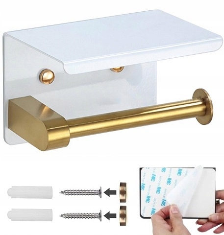 Uchwyt Na Papier Toaletowy Wieszak Metalowy Z Półką Wc Biało Złoty Loft