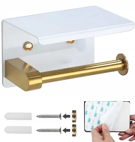 Uchwyt Na Papier Toaletowy Wieszak Metalowy Z Półką Wc Biało Złoty Loft