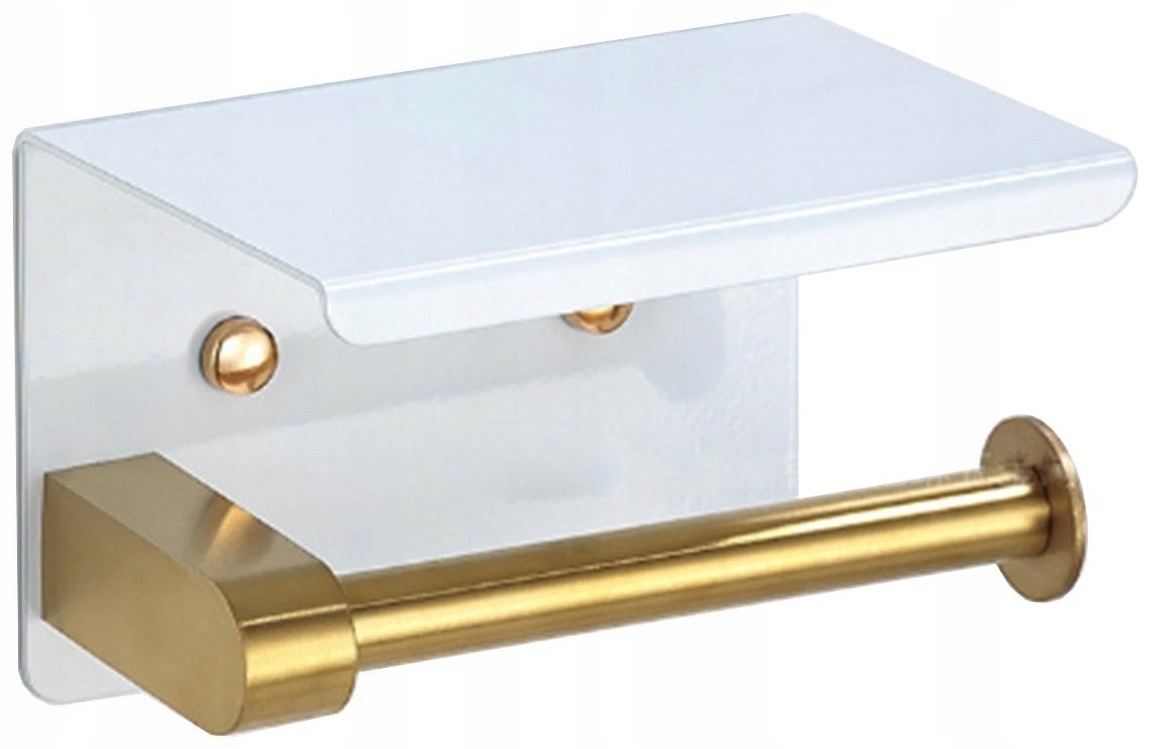 Uchwyt Na Papier Toaletowy Wieszak Metalowy Z Półką Wc Biało Złoty Loft