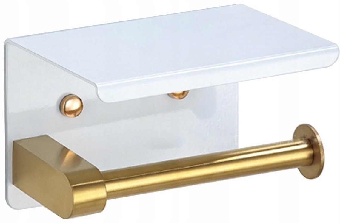 Uchwyt Na Papier Toaletowy Wieszak Metalowy Z Półką Wc Biało Złoty Loft