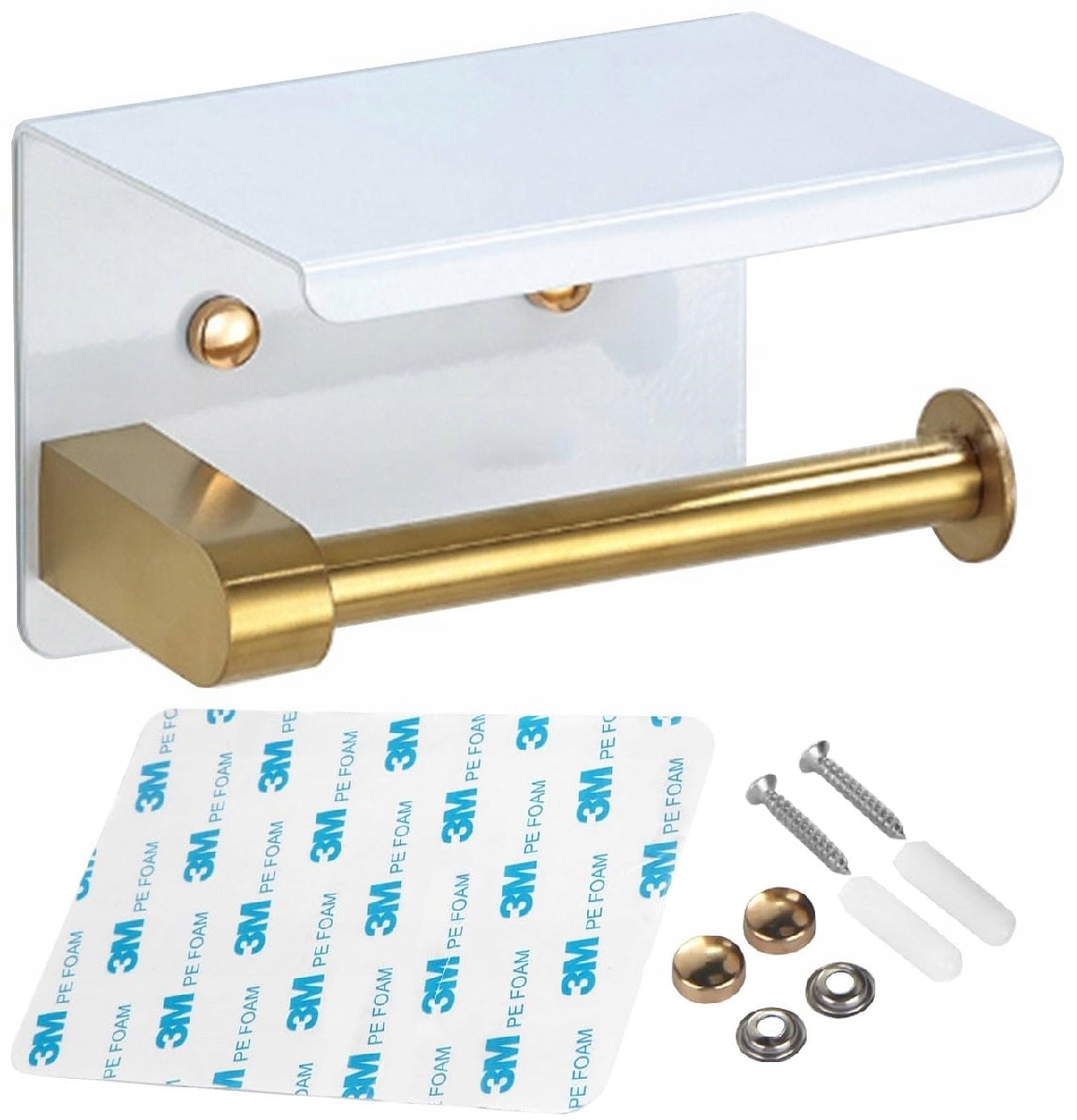 Uchwyt Na Papier Toaletowy Wieszak Metalowy Z Półką Wc Biało Złoty Loft