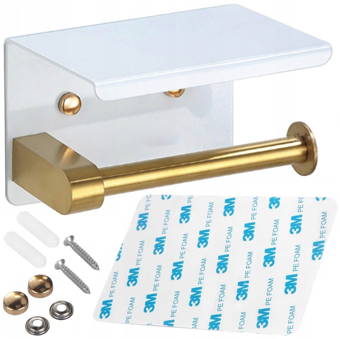 Uchwyt Na Papier Toaletowy Wieszak Metalowy Z Półką Wc Biało Złoty Loft