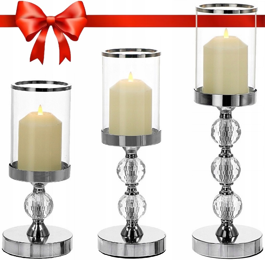 3x Świecznik Szklany Lampion Komplet Latarni Świeczniki Glamour Krzyształki