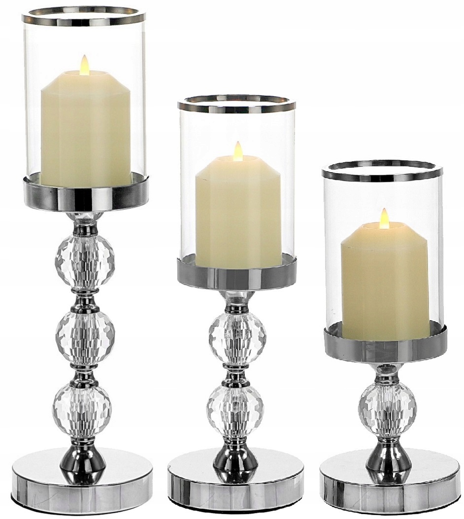 3x Świecznik Szklany Lampion Komplet Latarni Świeczniki Glamour Krzyształki