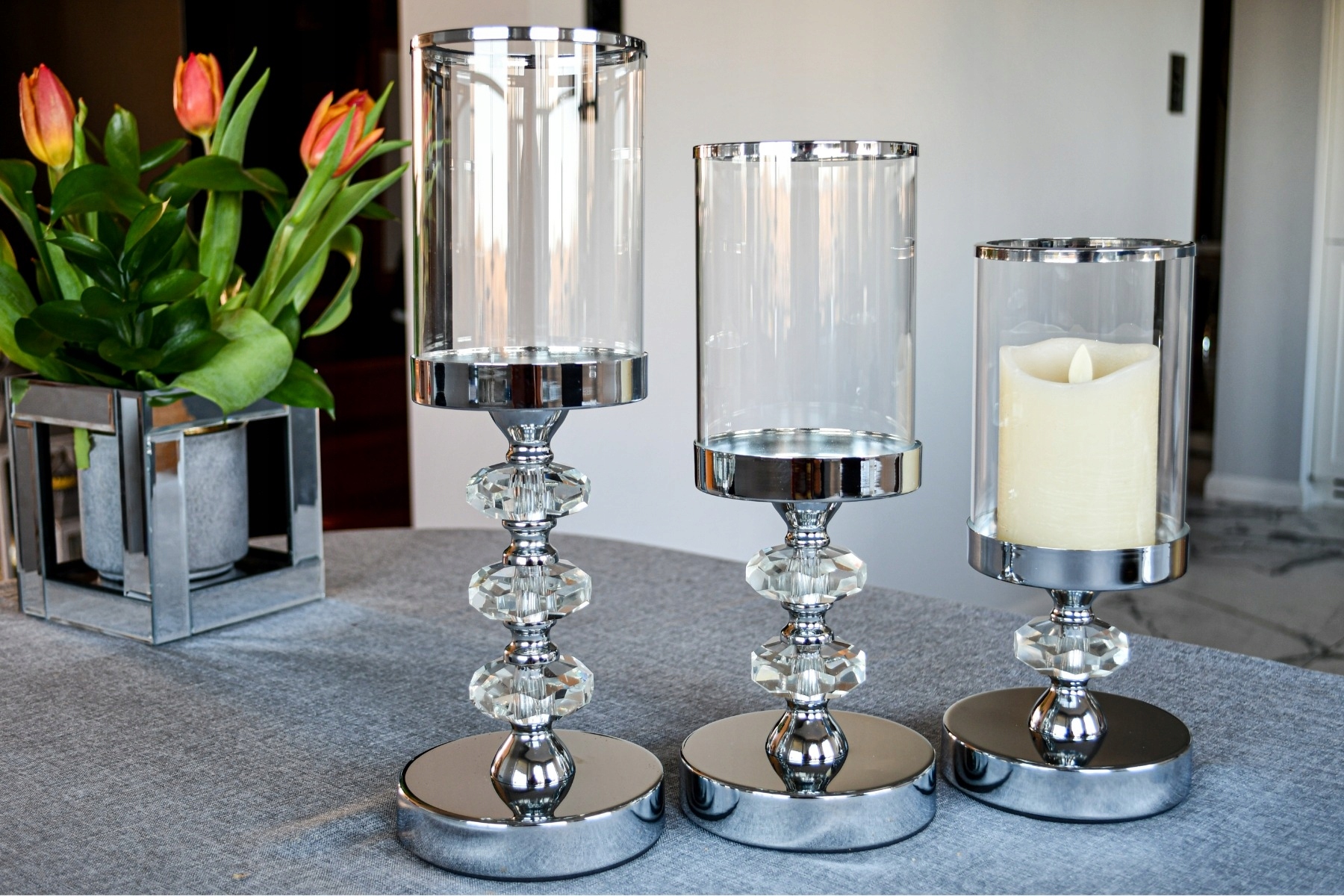 3x Świecznik Szklany Lampion Komplet Latarni Świeczniki Glamour Krzyształki