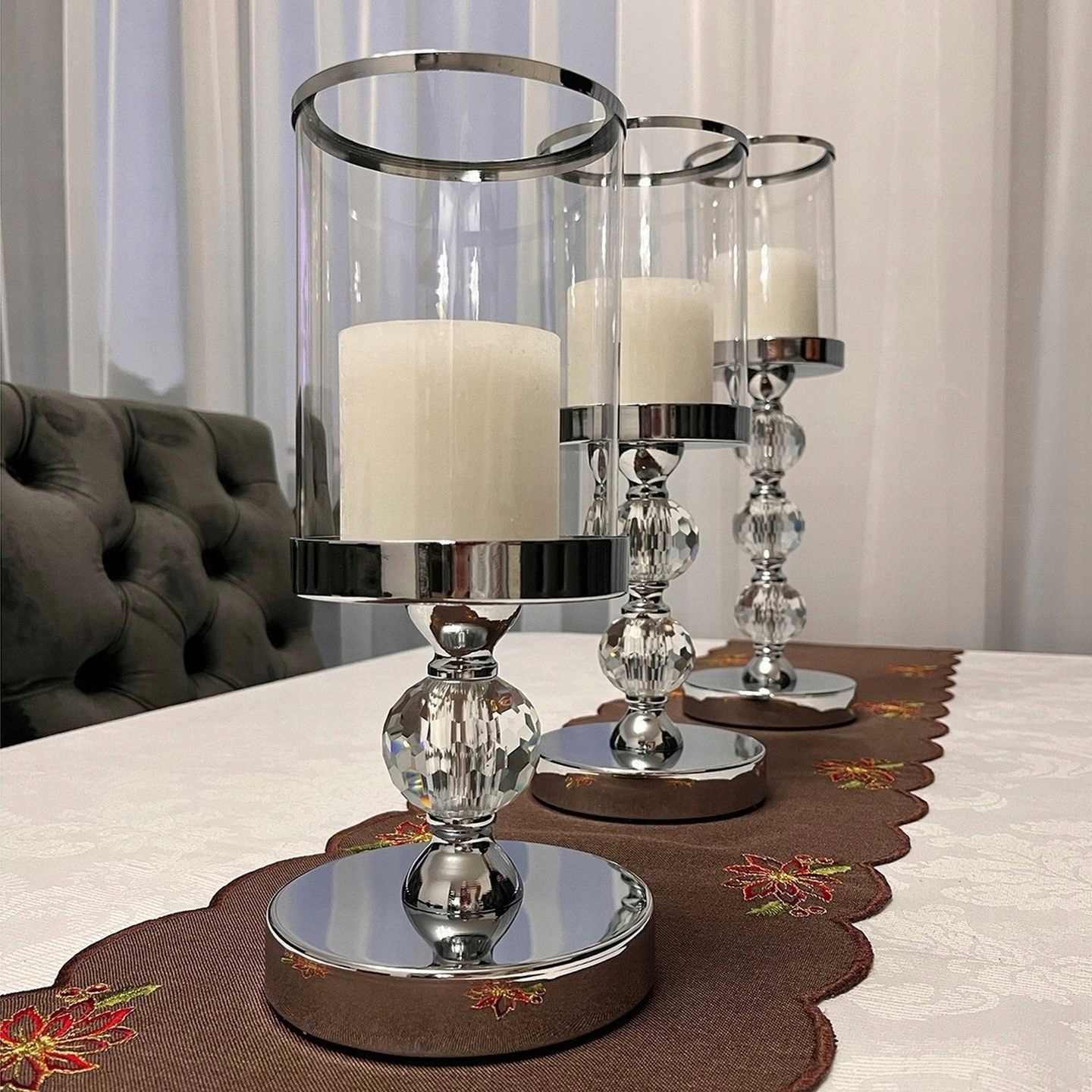 3x Świecznik Szklany Lampion Komplet Latarni Świeczniki Glamour Krzyształki