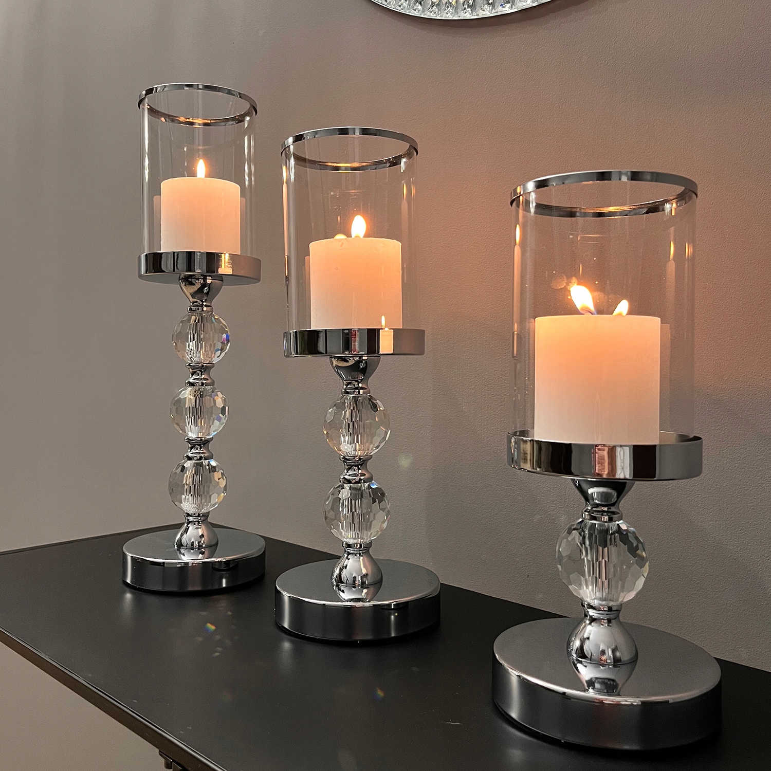 3x Świecznik Szklany Lampion Komplet Latarni Świeczniki Glamour Krzyształki