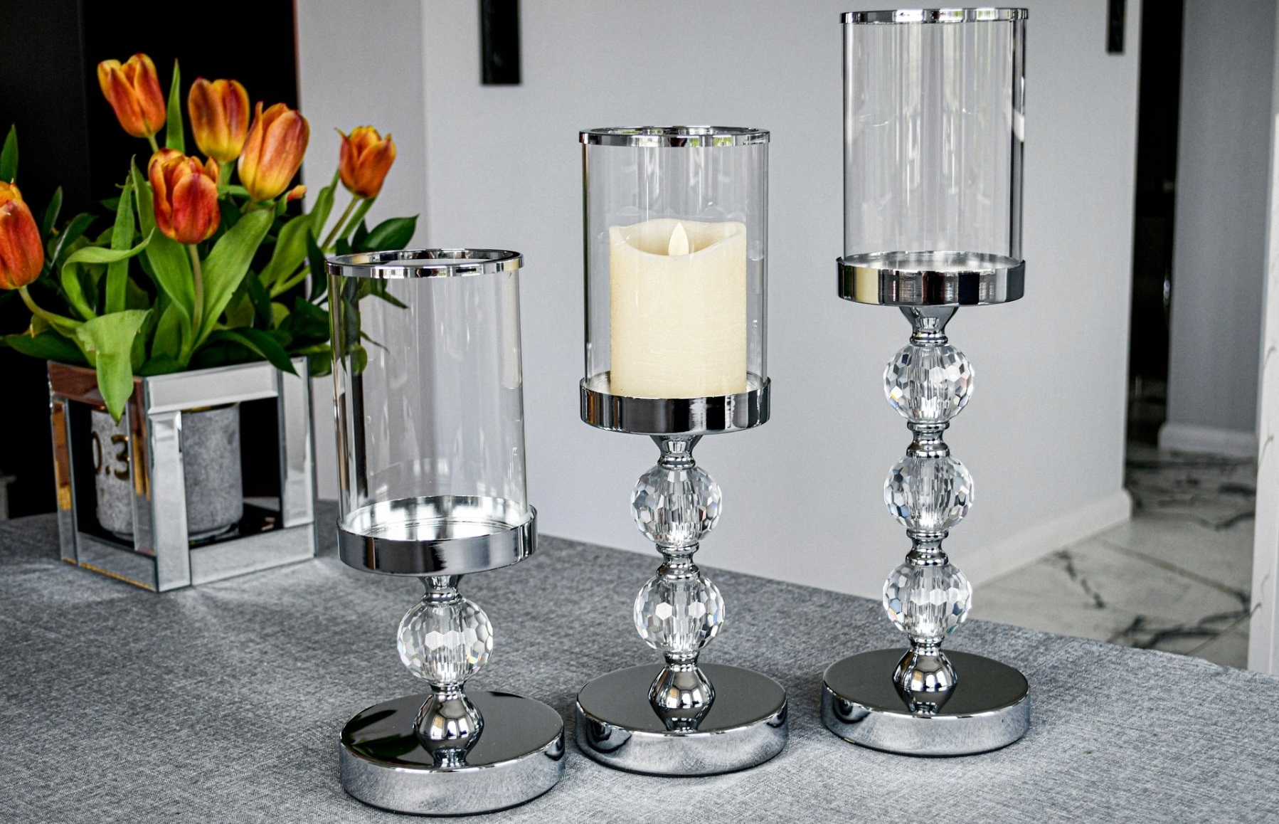 3x Świecznik Szklany Lampion Komplet Latarni Świeczniki Glamour Krzyształki