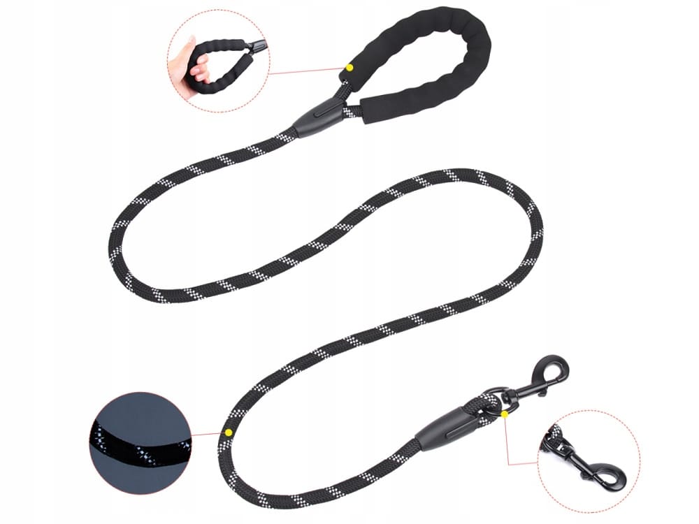 Smycz Dla Psa Krótka Linka Treningowa Gruba Karabińczyk 1,2m Czarna Odblask