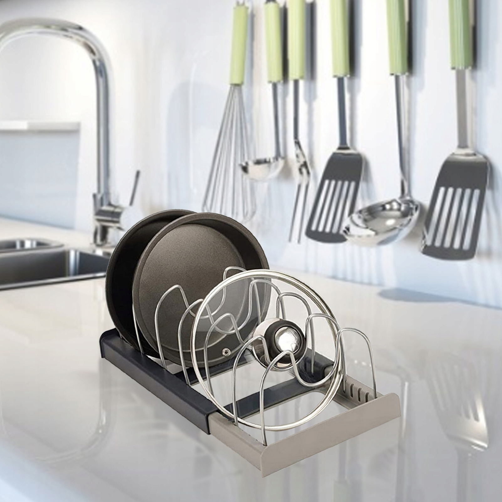 image-452.jpeg Stojak Na Pokrywy Organizer Rozsuwany Przykrywki Pokrywki Talerze Deski