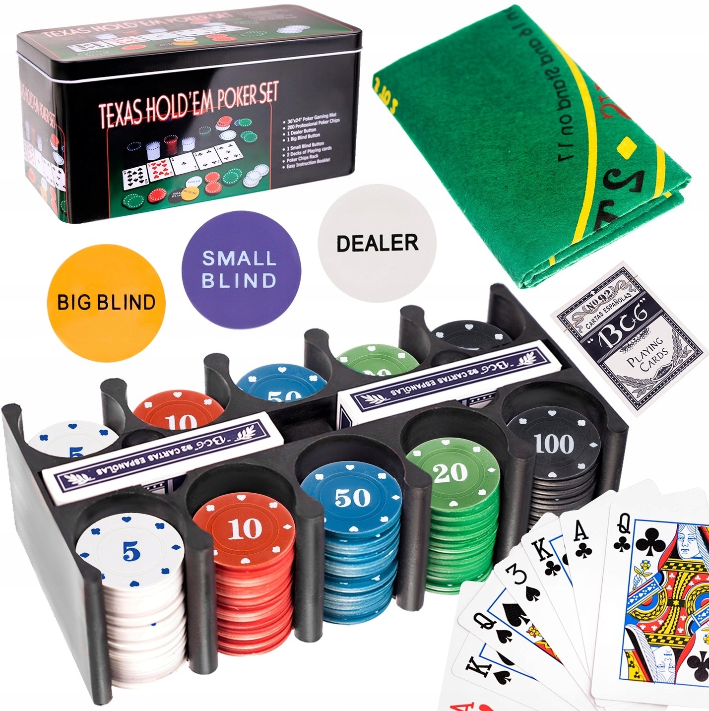 Zestaw Do Pokera Texas Żetony 200 szt, Dealer Blind Karty 2 Talie Mata Etui