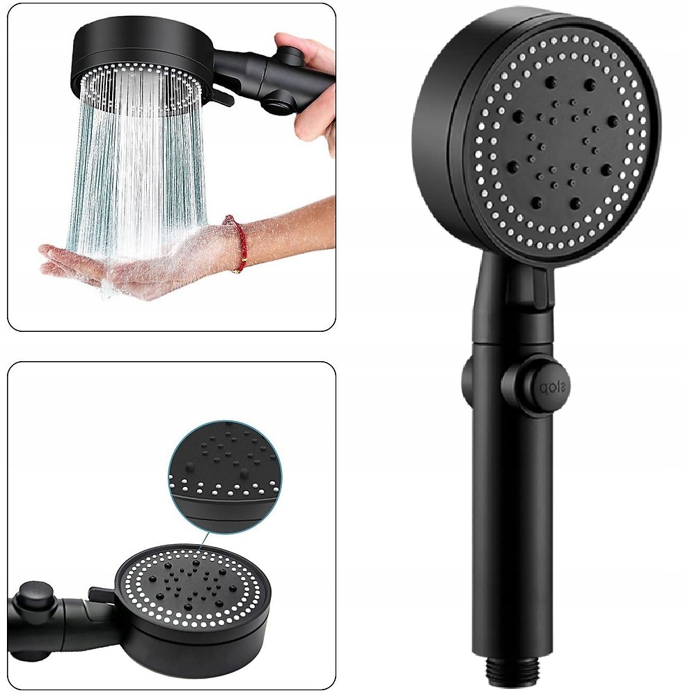 Zestaw Prysznicowy Czarny Słuchawka Prysznicowa Czarna Wąż Uchwyt Oszczędna