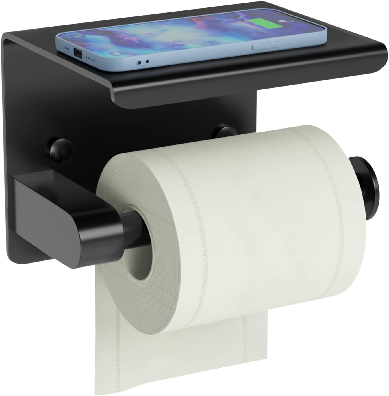 Uchwyt Na Papier Toaletowy Z Półką Na Telefon Samoprzylepny Czarny Metalowy
