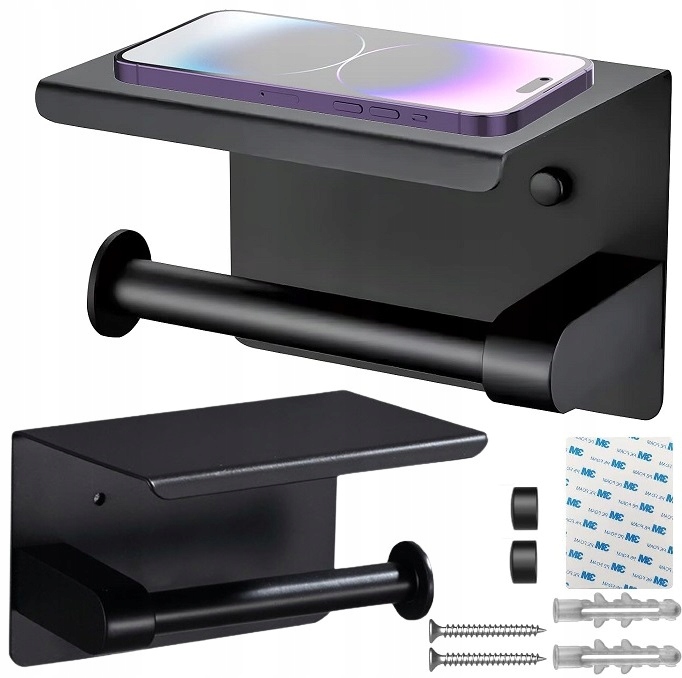 Uchwyt Na Papier Toaletowy Z Półką Na Telefon Samoprzylepny Czarny Metalowy