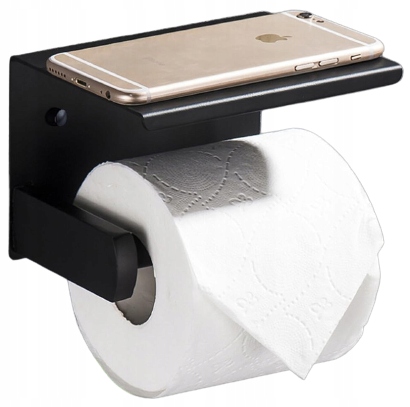 Uchwyt Na Papier Toaletowy Z Półką Na Telefon Samoprzylepny Czarny Metalowy