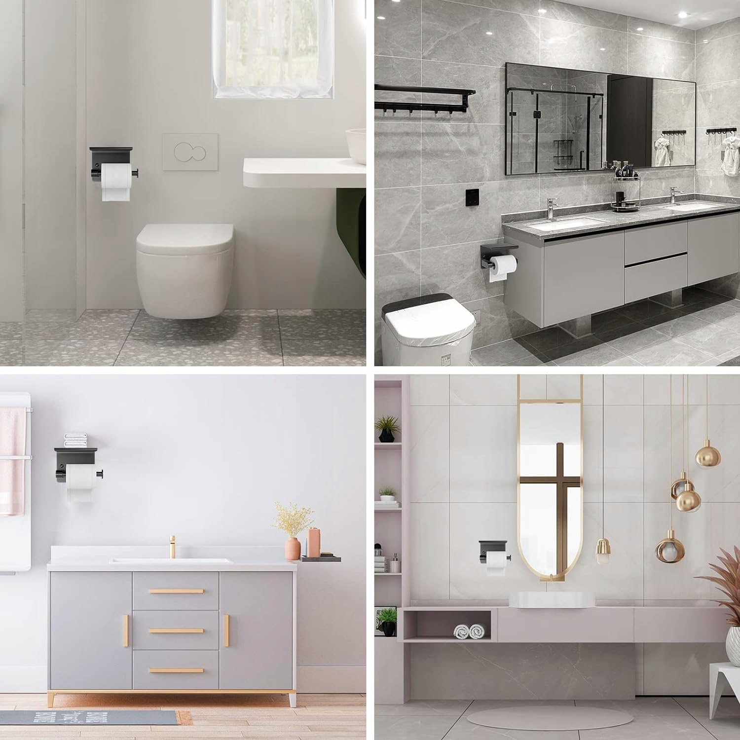 Uchwyt Na Papier Toaletowy Z Półką Na Telefon Samoprzylepny Czarny Metalowy