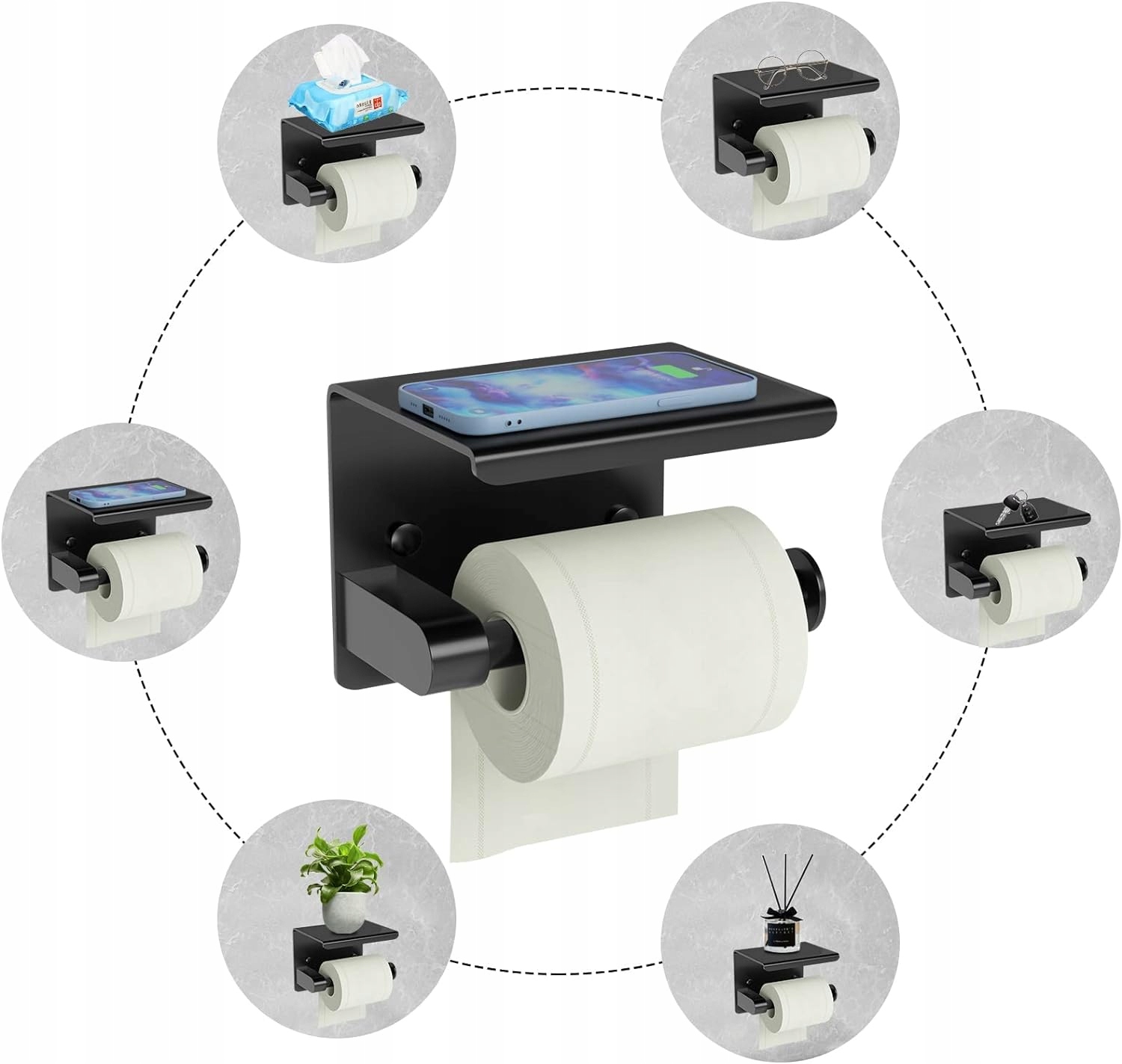 Uchwyt Na Papier Toaletowy Z Półką Na Telefon Samoprzylepny Czarny Metalowy