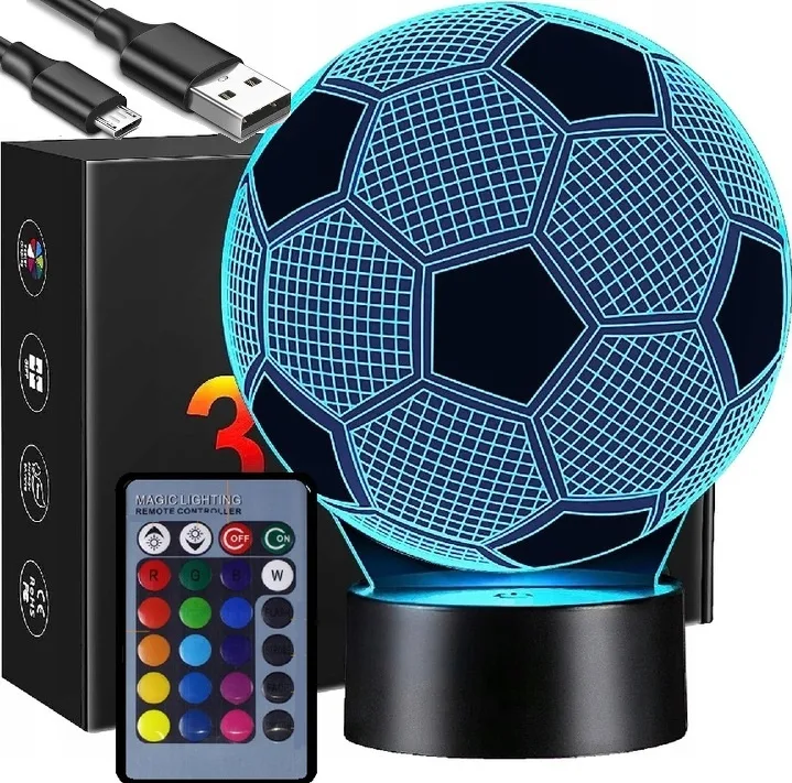 Lampka Nocna Biurkowa Piłka Nożna 3d Zmieniająca Kolory Dla Piłkarza Pilot