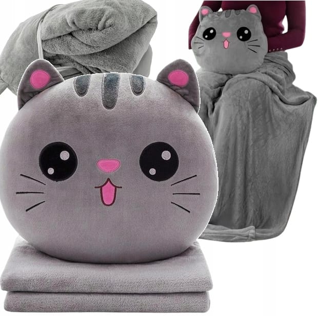 Kotek Z Kocykiem Koc 160x110 cm Maskotka Poduszka Pluszowy Przytulanka 3w1