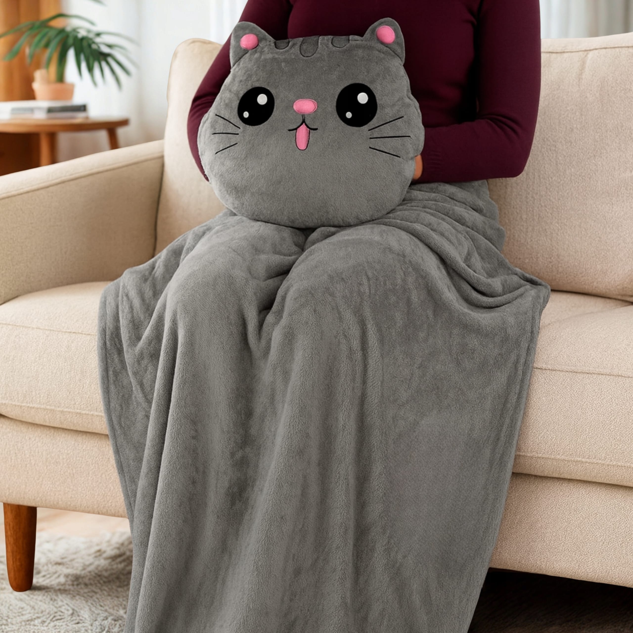 Kotek Z Kocykiem Koc 160x110 cm Maskotka Poduszka Pluszowy Przytulanka 3w1