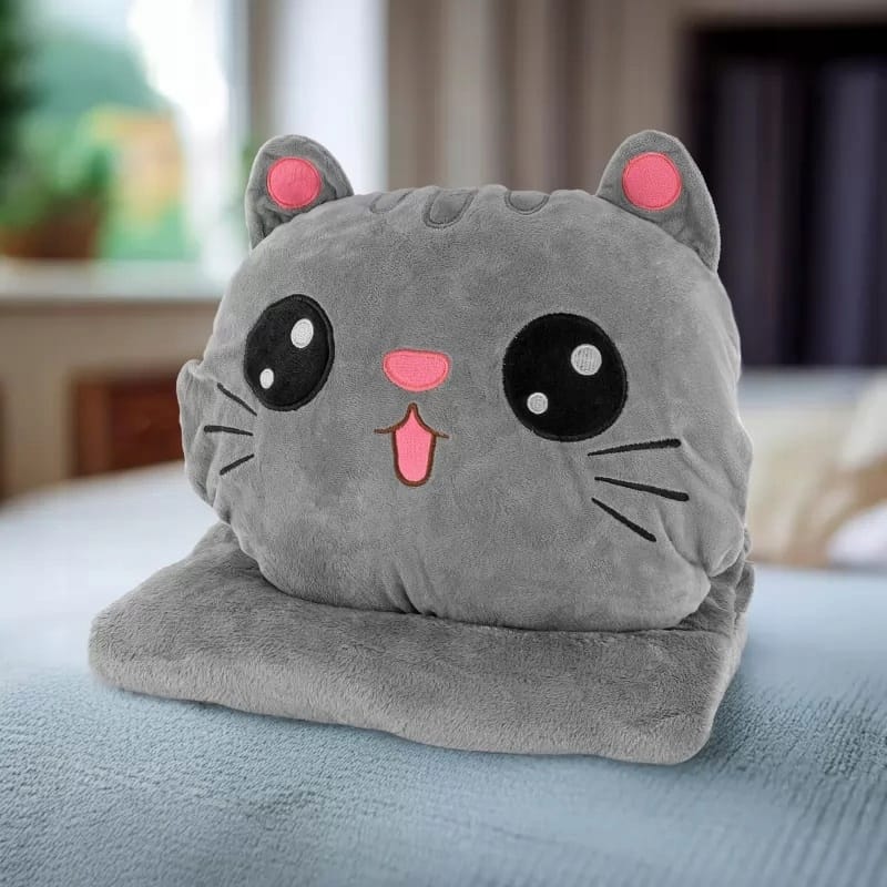 Kotek Z Kocykiem Koc 160x110 cm Maskotka Poduszka Pluszowy Przytulanka 3w1