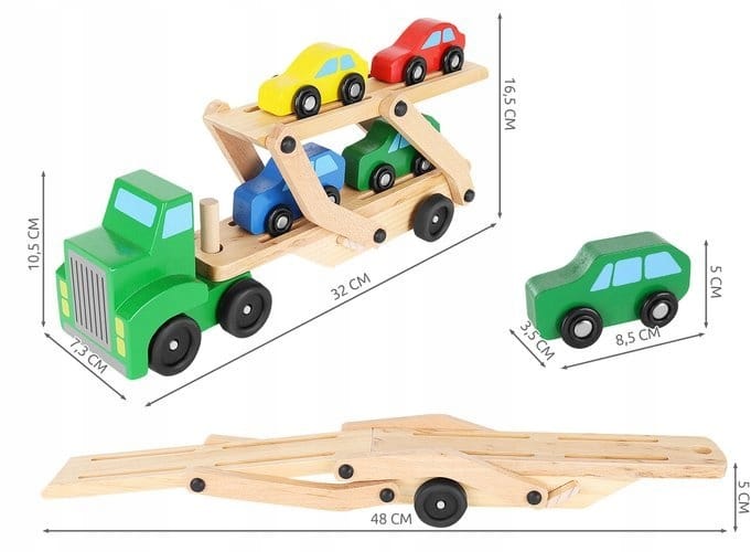 Laweta Ciężarówka Tir Drewniana Składana Zestaw + 4 Auta Autka Samochodziki