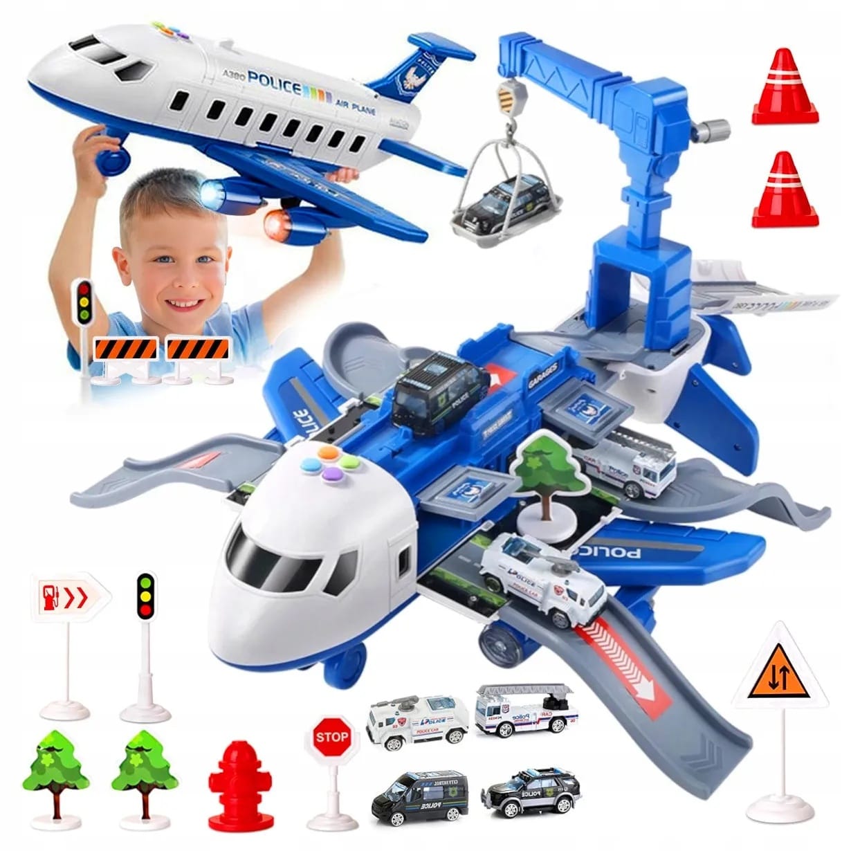 Interaktywny Samolot Policja Rozkładany Parking Auta Dzwig Zestaw Prezent