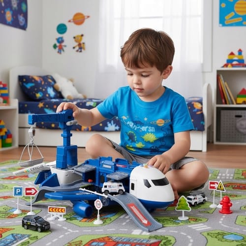 Interaktywny Samolot Policja Rozkładany Parking Auta Dzwig Zestaw Prezent