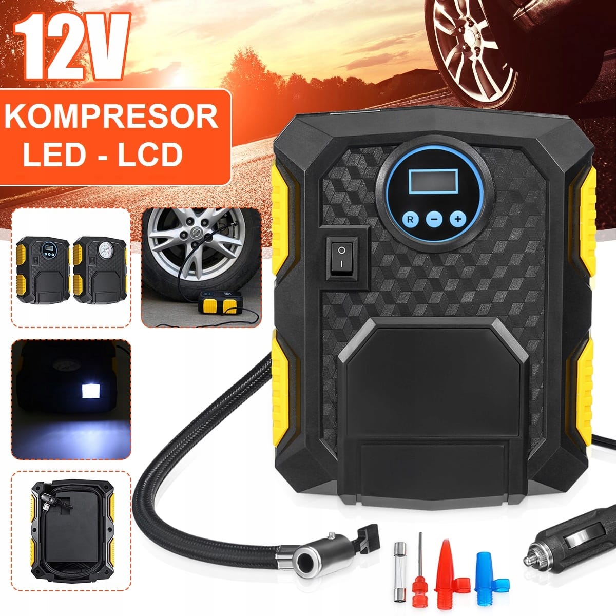 Sprężarka Kompresor Samochodowy Pompka 12v Led 10bar 120w Led Lcd Końcówki