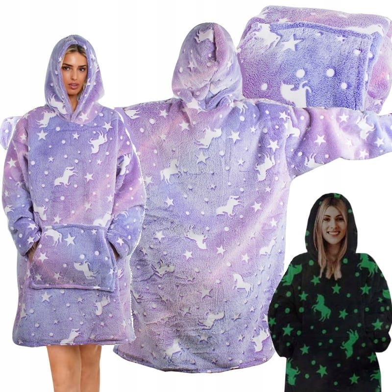 Ciepła Bluza Koc Oversize Kocbluza Gruba Futrzak 2w1 Z Kapturem Świeci Uni