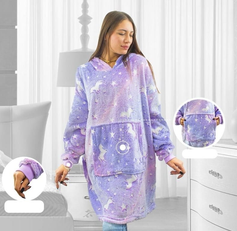 Ciepła Bluza Koc Oversize Kocbluza Gruba Futrzak 2w1 Z Kapturem Świeci Uni