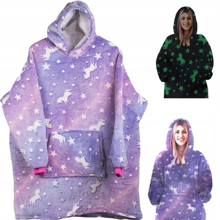 Ciepła Bluza Koc Oversize Kocbluza Gruba Futrzak 2w1 Z Kapturem Świeci Uni