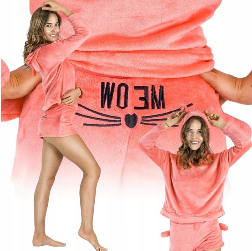 Pluszowa Piżama Damska Ciepła Dwuczęściowa Bluza Krótkie Spodenki Meow Kot