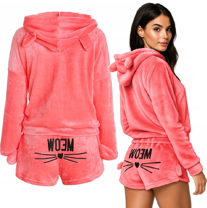 Pluszowa Piżama Damska Ciepła Dwuczęściowa Bluza Krótkie Spodenki Meow Kot