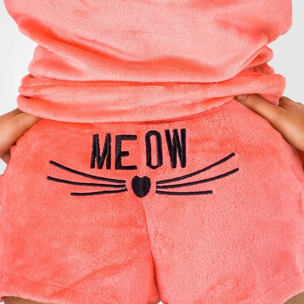 Pluszowa Piżama Damska Ciepła Dwuczęściowa Bluza Krótkie Spodenki Meow Kot