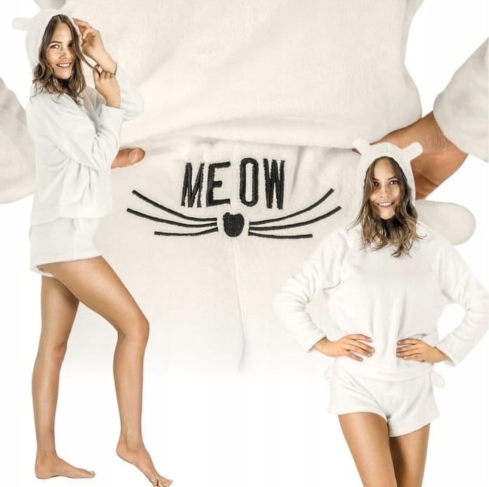 Pluszowa Piżama Damska Ciepła Dwuczęściowa Bluza Krótkie Spodenki Meow Kot