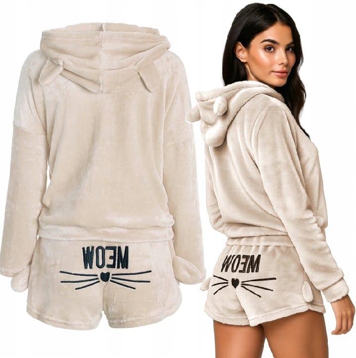 Pluszowa Piżama Damska Ciepła Dwuczęściowa Bluza Krótkie Spodenki Meow Kot