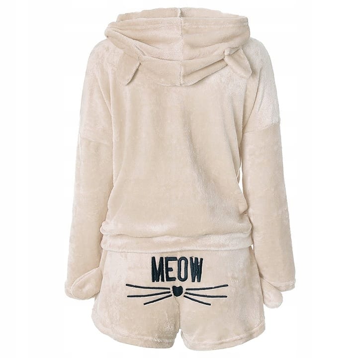 Pluszowa Piżama Damska Ciepła Dwuczęściowa Bluza Krótkie Spodenki Meow Kot