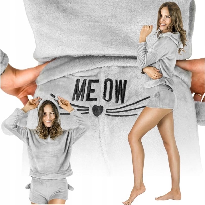 Pluszowa Piżama Damska Ciepła Dwuczęściowa Bluza Krótkie Spodenki Meow Kot