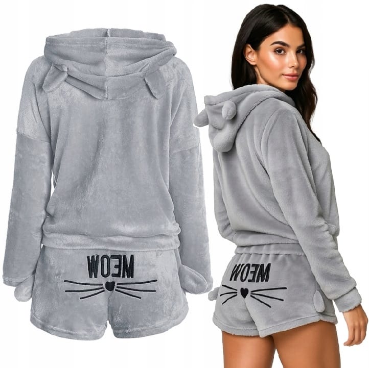 Pluszowa Piżama Damska Ciepła Dwuczęściowa Bluza Krótkie Spodenki Meow Kot