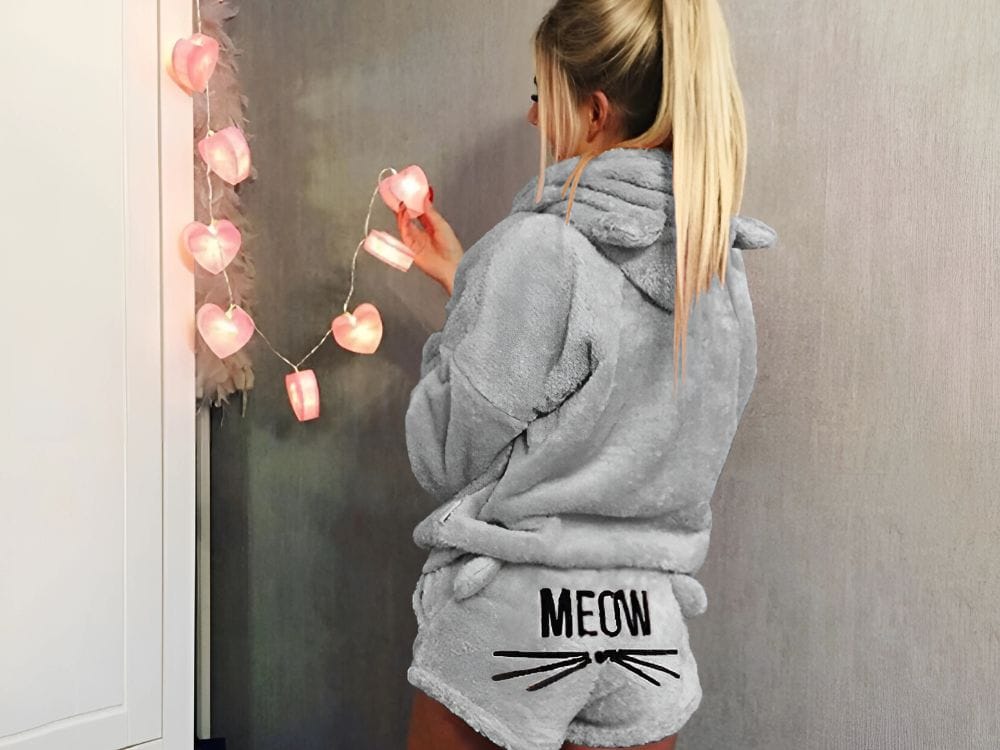 Pluszowa Piżama Damska Ciepła Dwuczęściowa Bluza Krótkie Spodenki Meow Kot