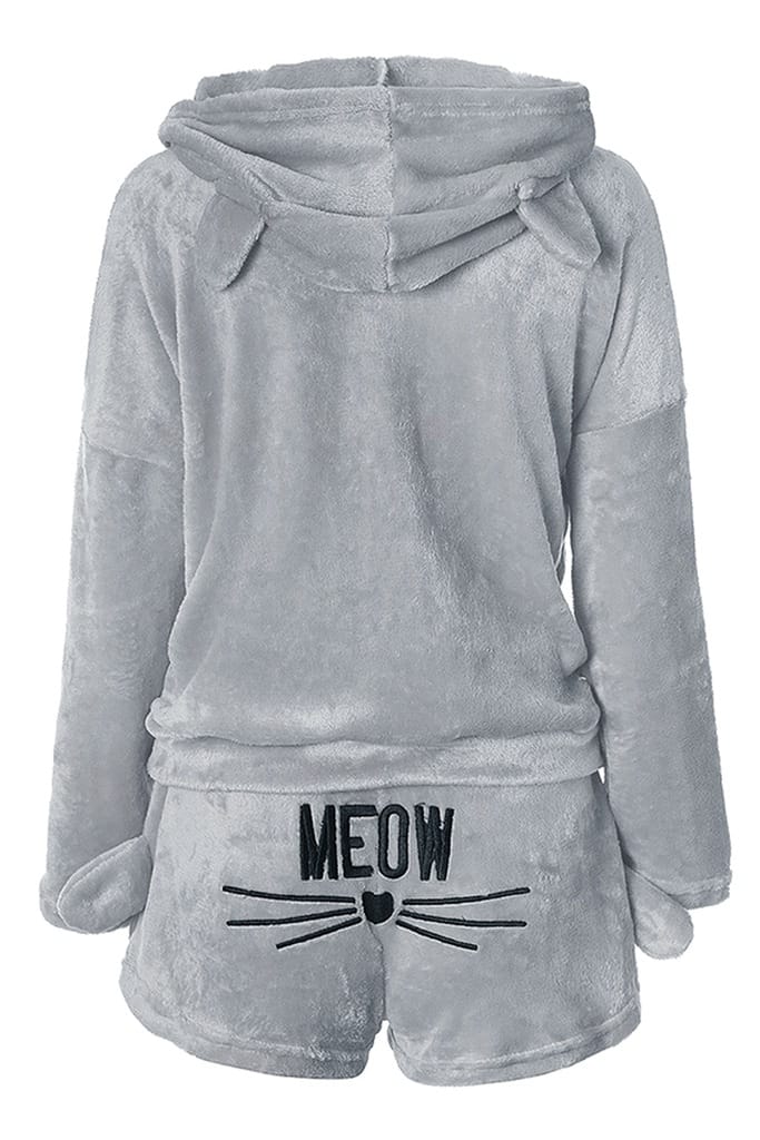 Pluszowa Piżama Damska Ciepła Dwuczęściowa Bluza Krótkie Spodenki Meow Kot