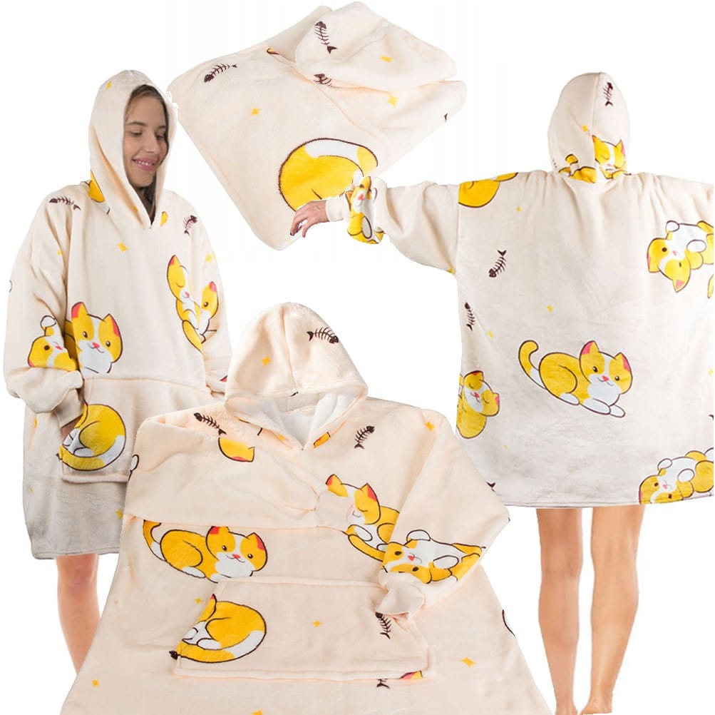 Koc Bluza Oversize Gruba Kocobluza 2w1 Xxl Wzór Kotki Futrzak Bluzo Koc