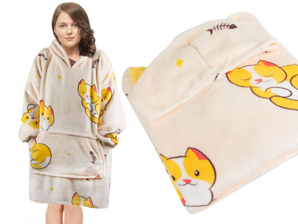 Koc Bluza Oversize Gruba Kocobluza 2w1 Xxl Wzór Kotki Futrzak Bluzo Koc