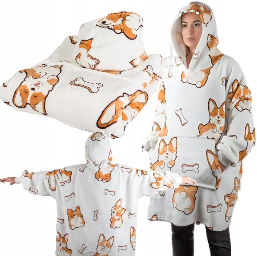 Koc Bluza Oversize Gruba Kocobluza 2w1 Wzór Pieski Corgi Futrzak Bluzo Koc