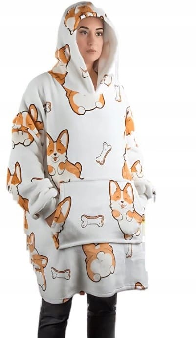 Koc Bluza Oversize Gruba Kocobluza 2w1 Wzór Pieski Corgi Futrzak Bluzo Koc